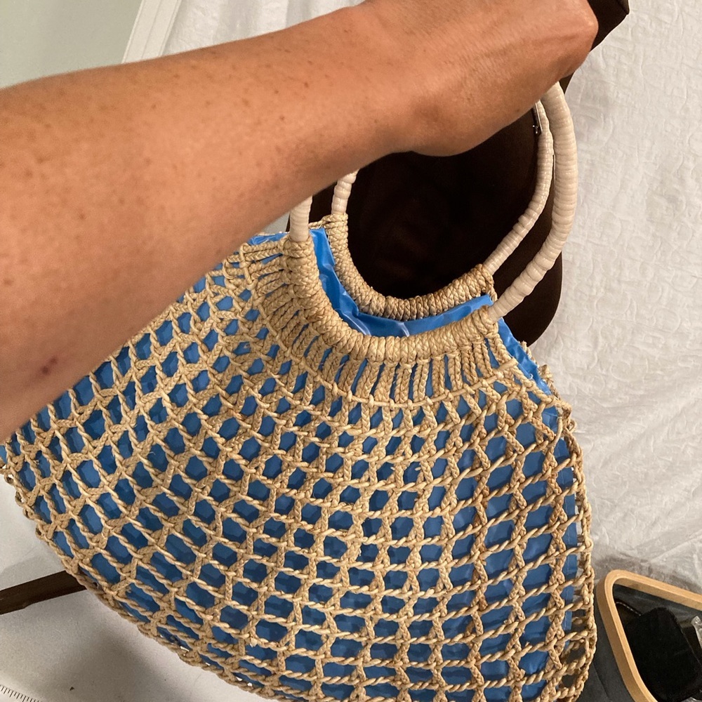 Boho Woven Purse Shopping Tote Lined With Blue Plastic Beach Tote Macrame Look - Picture 8 of 16
